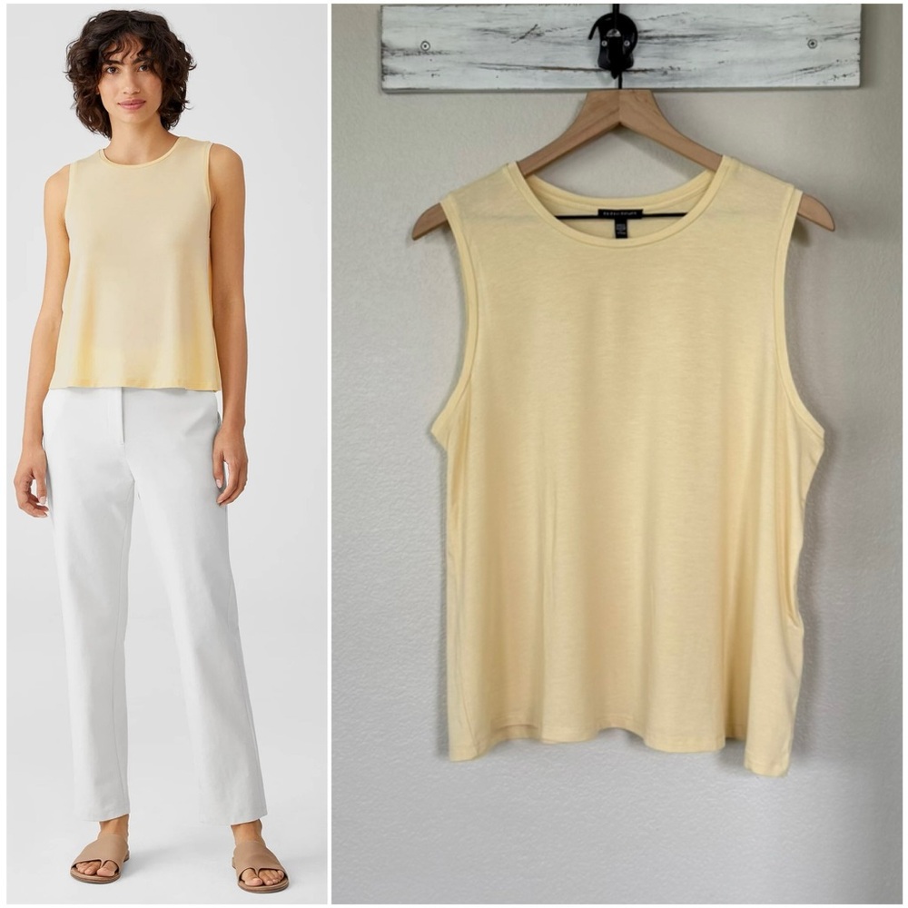 EILEEN FISHER L Fine Jersey Crew Neck Tank Top in Butter • Pastel Yellow